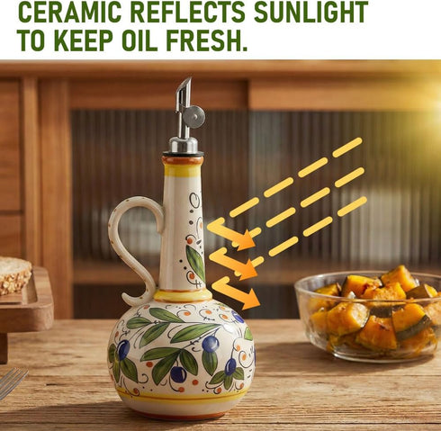 18 oz 2 Ceramic Olive Oil Dispenser Bottle - Hand-Painted Italian Kitchen Decor Oil Cruet with Spouts, Silicone Funnel