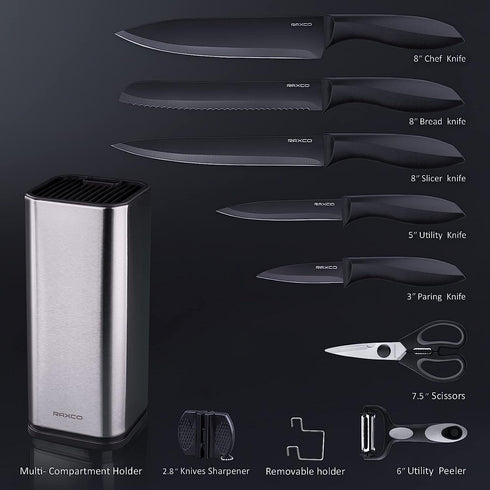 RAXCO 10-in-1 Knife Set - 5 Kitchen Knives and 5 Kitchen Gadgets, Perfect for Small Kitchen (Black)