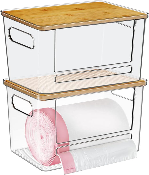 Trash Bag Dispenser 2 Pack, Stackable Acrylic Garbage Bags Dispenser with Bamboo