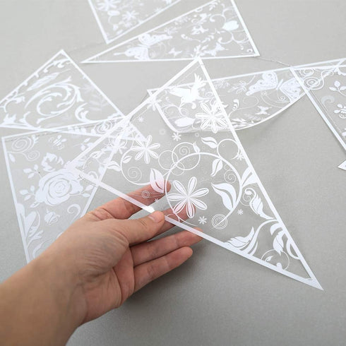 Cheerland 4 Pcs White Floral Lace Pennant Banner, Triangle Bunting Garland for Wedding, Bridal Shower, Anniversary Decor