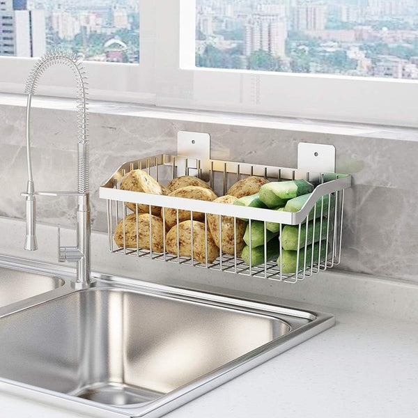 Kitchen Storage Metal Wire Fruit Basket - SUS304 Stainless Steel Organizer Bin for Bathroom, Silver