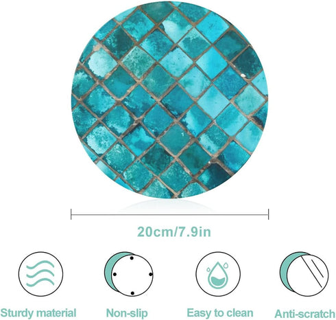 Turquoise Blue Pattern Tempered Glass Cutting Board 8" Round Kitchen Decorative Chopping Board Small