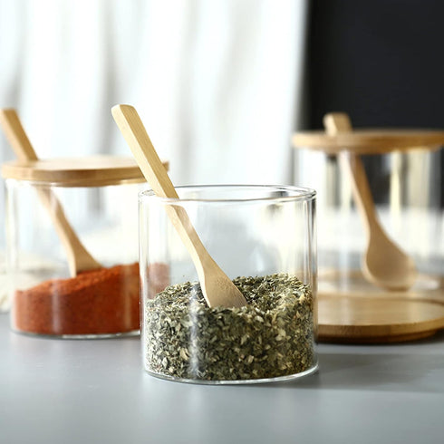300ML/10Oz Clear Glass Jar with Bamboo Lid and Wooden Spoon, Cute Storage Canister for Kitchen