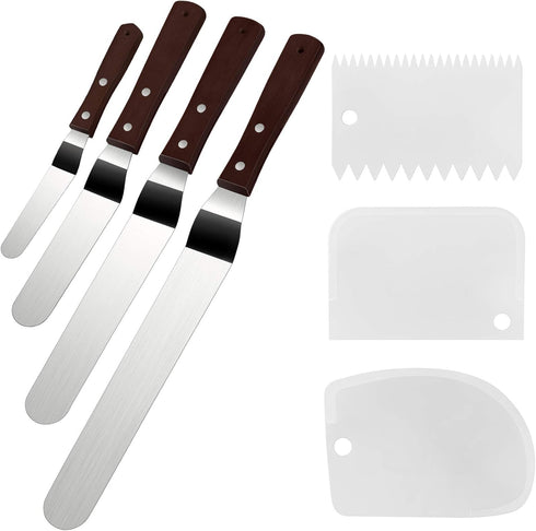 4 Packs Offset Spatula, Stainless Steel Cake Icing Spatula Set with Wooden Handle for Cake Decorating