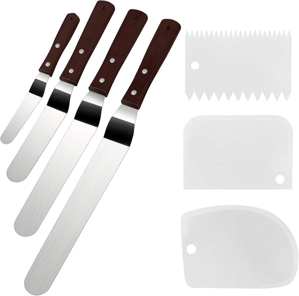 4 Packs Offset Spatula, Stainless Steel Cake Icing Spatula Set with Wooden Handle for Cake Decorating