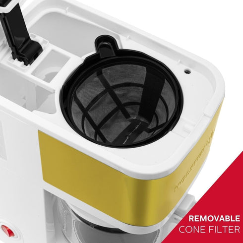 Holstein Housewares 5-Cup Coffee Maker, Pause N Serve, One-Touch Operation, Non-Stick Warming Plate, White and Gold