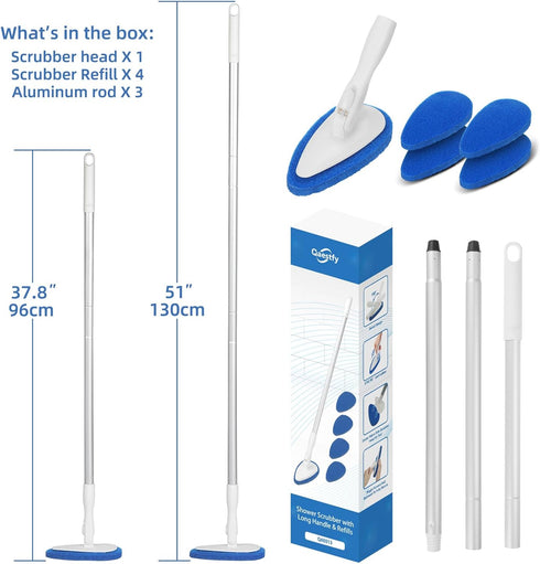 Qaestfy Shower Bathtub Scrubber Brush - 51'' Handle, 5 Non-Scratch Pads, Adjustable Long Handle for Cleaning Shower,
