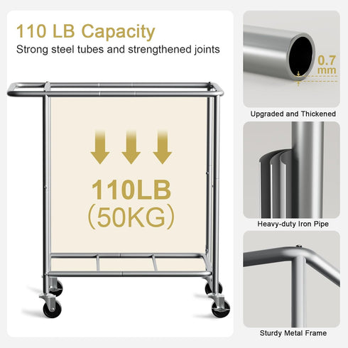 Wheels,160L 2 Chrislley Double Laundry Hamper with Rolling Laundry Basket Section,Steel Frame Laundry Cart with Handle