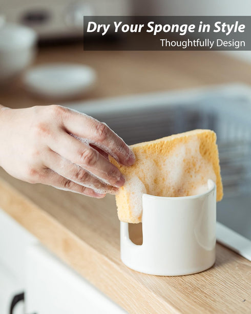 Counter, Zoeeker Sponge Holder for Kitchen Sink, Ceramic Dish Sponge Drying Caddy Scrubby Daddy Kitchen Organizer Cute
