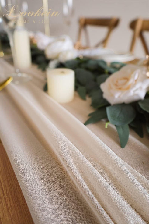 Lookein 10 Feet Champagne Chiffon Table Runner, 29x120 Inches Rustic Wedding Decorations