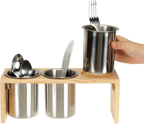 ZOOFOX 3 Pack Stainless Steel Silverware Holder, Utensil Organizer with Wood Base for Spoons, Knives, and Forks