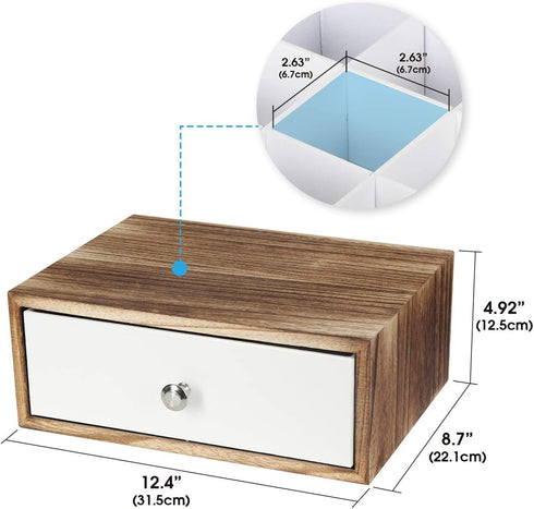 JACKCUBE DESIGN Rustic Wood Tea Storage Box with 12 Adjustable Compartments and White Faux Leather Drawer