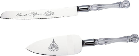 Sweet Fifteen Quinceanera Cake Serving and Knife Set, Acrylic Handle, Stainless Steel, Feliz 15 Anos Decoration