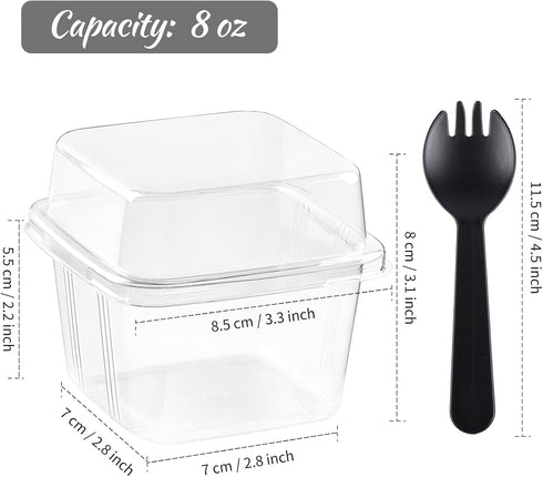 50 Pack 8 oz Kucoele Plastic Dessert Cups with Lids and Sporks, Clear Square Cake Cups Dessert Containers for Pudding