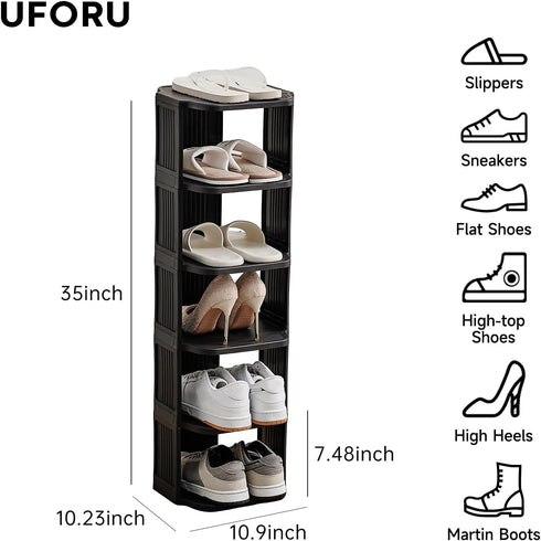 6-Tier Closets Vertical Shoe Rack, Plastic Stackable Storage Shelf for Small and Narrow Spaces, Compact Free Standing