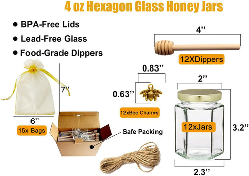 4oz/120ml 12 Pack Adabocute Honey Pot, Glass Honey Jars with Wood Dipper, Gold Lid, Bee Charms, Gold Organza Bags