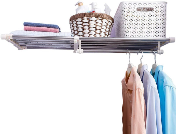 Hershii Closet Tension Shelf Expandable Telescopic Rod Heavy Duty Clothes Hanging Rail