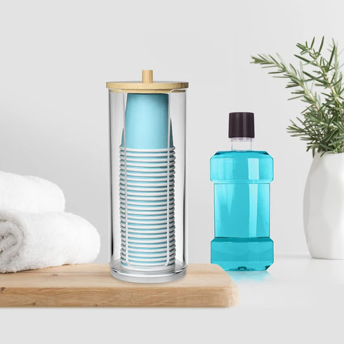 Bathroom Cup Dispenser, Clear Acrylic Holder for 3oz Disposable Paper Cups, Makeup Organizer with Lid for Vanity