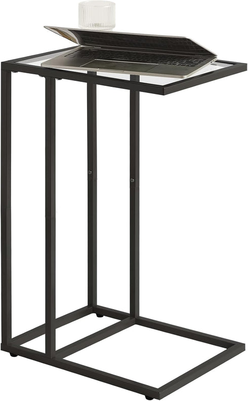 UHGD001B YMYNY C-Shaped End Table, Tempered Glass Sofa Side Table, TV Tray CouchTable That Slide Under for Small Space