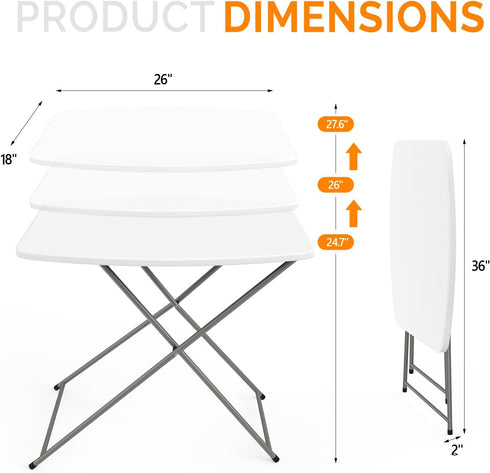 18" VINGLI Small Folding Table Portable, Adjustable Height Personal Laptop TV Tray, Camping Table, HDPE Plastic Top