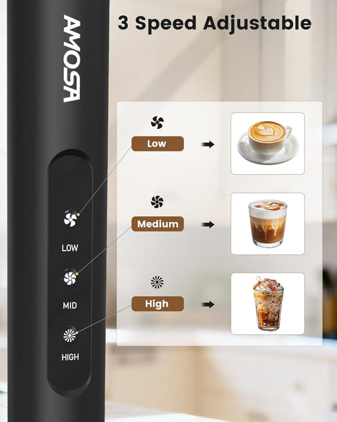 3 3 AMOSA Milk Frother Handheld with Stand, Rechargeable Frother with Speeds & Heads, Travel Frother with Case, Coffee