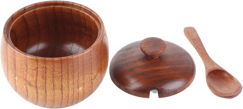 AYNEFY Solid Wood Spice Jar, Sugar Salt Pepper Storage Bowl with Spoon and Lid for Home Restaurant Food Shop