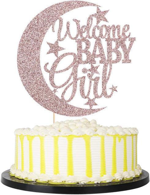 PALASASA Baby Girl Cupcake Topper - Moon and Stars Greeting, Rose Gold - Baby Shower & Gender Reveal Decorations