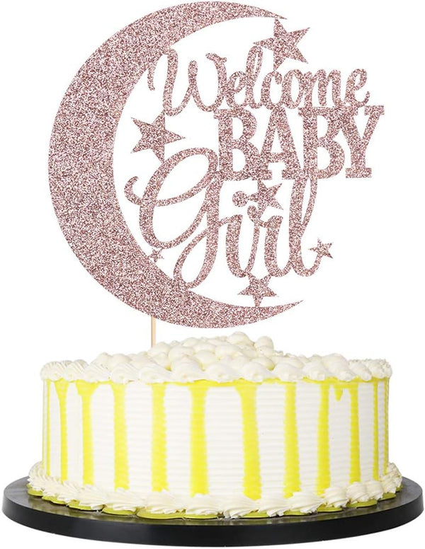 PALASASA Baby Girl Cupcake Topper - Moon and Stars Greeting, Rose Gold - Baby Shower & Gender Reveal Decorations