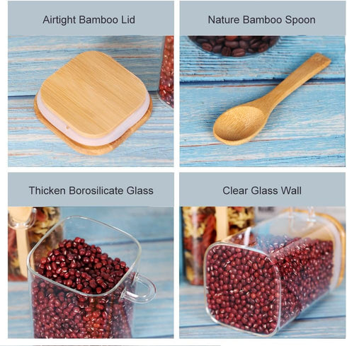 Spoon,Set 6 17 OZ Countertop, Glass Jar with Bamboo Lid and of Square Tea Containers for Loose Leaf Tea, Salt and Sugar