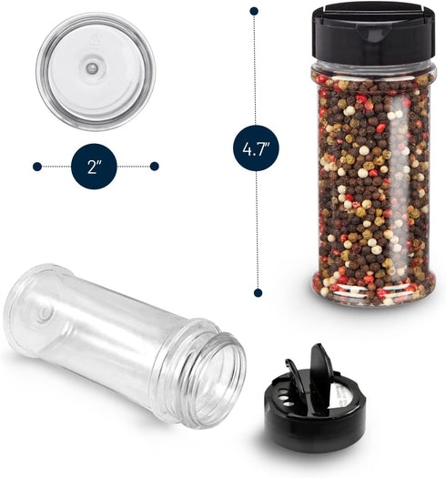 RoyalHouse 6 Pack 5.5 Oz Plastic Spice Jars with Black Cap, Clear, BPA Free, Made in USA