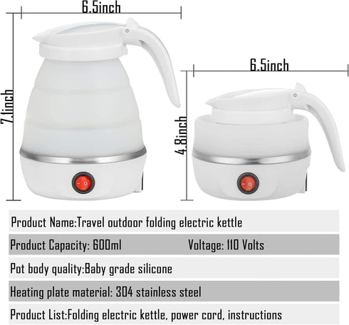 Foldable Electric Travel Kettle - Portable Silicone Collapsible Water Boiler and Tea Pot for Camping, White