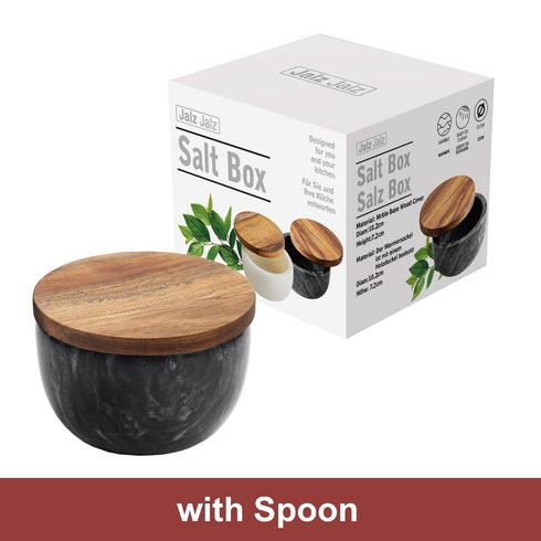 Salt Box with Spoon, Black Marble Base and Natural Acacia Top, Decorative Spice Cellar