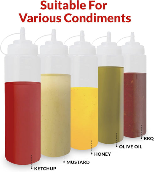 24 oz. 10 Pack 24 Reli. Plastic Squeeze Bottles, | | Condiment Squeeze Bottles for Sauces | Clear w/Tethered Caps |