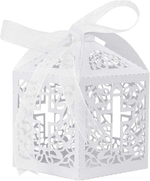 VIVIQUEN Baptism Favor Boxes, Laser Cut Cross Favor Boxes with 50 Ribbons for Baby Shower and Wedding Party Decorations