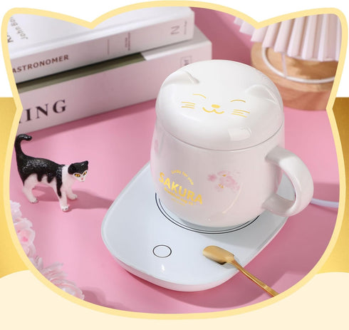 Cute Cat Smart Coffee Warmer with Mug for Women, Electric Coffee Mug Heater, Temperature Control, Ceramic, White, Gift