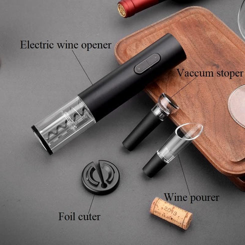 Electric Wine Bottle Opener, Battery Operated Wine Cork Opener With Foil Cutter, Wine Pourer and Vacuum Stopper, Automatic Corkscrews Wine Opener Kit for Wine Lovers Home Kitchen Party Bar, Black