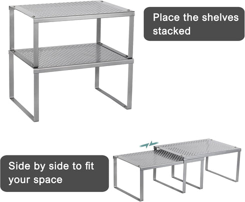 NEX Kitchen Shelf Organizer - Set of 2 Cabinet Shelf Organizer Spice Rack, Stackable Metal, Silver