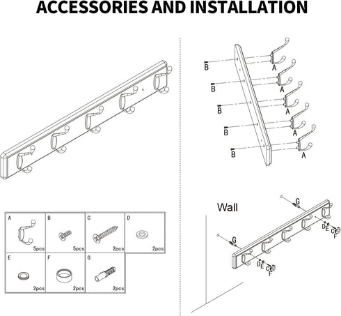 Wooden Coat Rack, Wall-Mounted Organizer for Closet, Entryway, Heavy Duty Double Hooks for Hanging Towels, Black