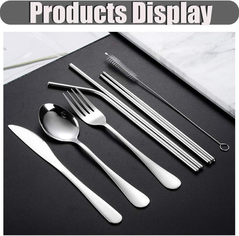 Travel Utensils Set with Case - Reusable Stainless Steel Silverware, 9 Pcs Portable Cutlery Set for Lunch Boxes,