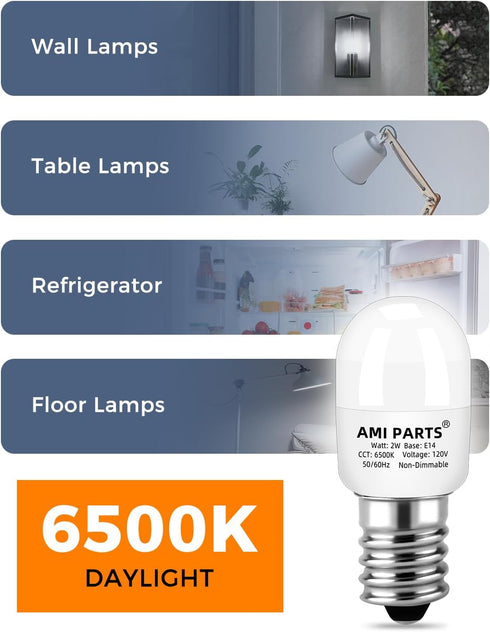 AMI PARTS W11160686 W11518235 Refrigerator Light Bulb, Waterproof Appliance Bulb Replacement for Maytag Whirlpool 6500K