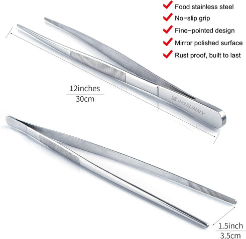 12 Inch Kitchen Tweezers, MSY BIGSUNNY Stainless Steel Food Tweezers, Multi-function Precision Cooking Tongs