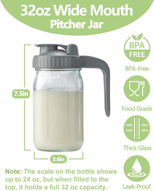 2 Pack 32oz 1 Glass Pitcher with Lid & V-shaped Pour Spout - Quart Breastmilk Pitcher Double Leak Proof, Creamer
