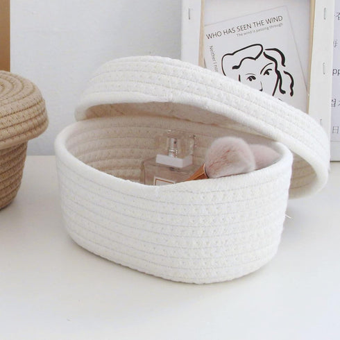 Handmade Cotton Rope Storage Basket with Lid, White Rope Bin for Makeup, Sundries, Snack, Needles - Desktop Storage Box