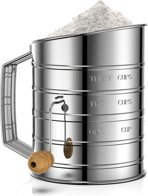 Esvopa Flour Sifter for Baking, Stainless Steel 3 Cup Flour Sifter with Rotary
