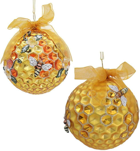 Kurt Adler Set of 2 Bumble Honeycomb Bee Hive Christmas Tree Ball Ornaments, Glass Décor