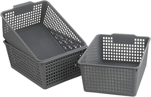Gloreen 3 Pack Large Plastic Storage Baskets, Multipurpose Organizer Baskets in Grey