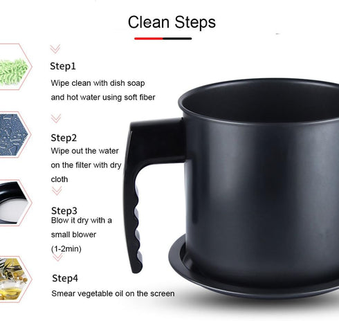 Cambom Bacon Grease Container with Fine Mesh Strainer, 1.3 L Iron Cooking Oil Can with Removable Coaster Tray