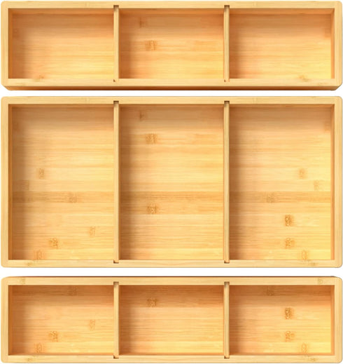 Bamboo Drawer Organizer Box, 12.5'' X 12.5'' X 2'', Adjustable 3 Individual Storage Containers for Kitchen