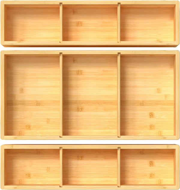 Bamboo Drawer Organizer Box, 12.5'' X 12.5'' X 2'', Adjustable 3 Individual Storage Containers for Kitchen