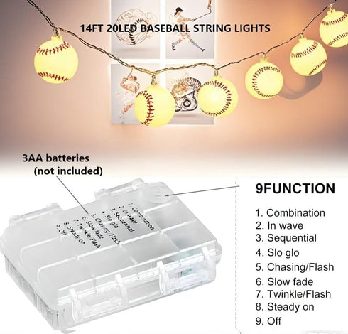 20 14FT Baseball String Lights LED Baseball Decor Battery Powered Indoor/Outdoor for Boys Room Ball Sport Theme Party